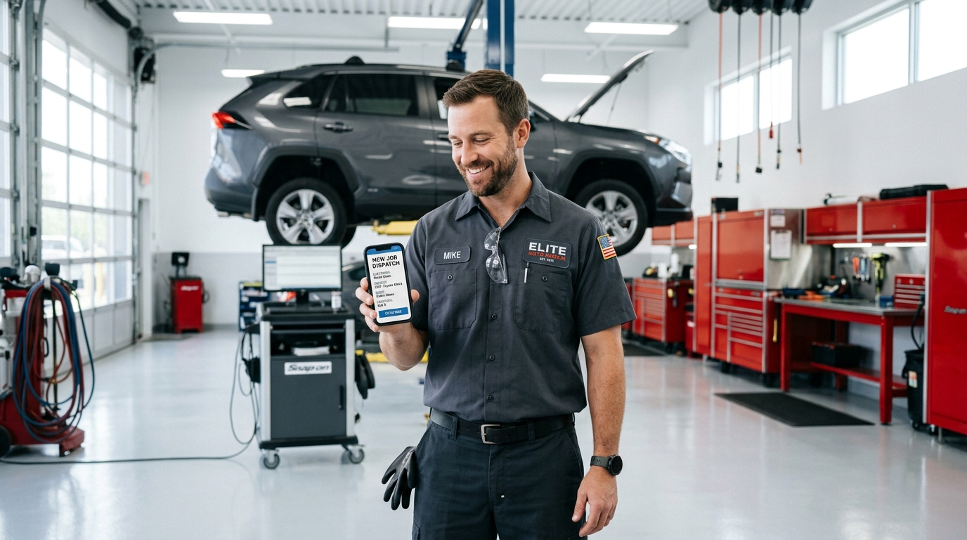 Auto repair technician using phone in modern service bay