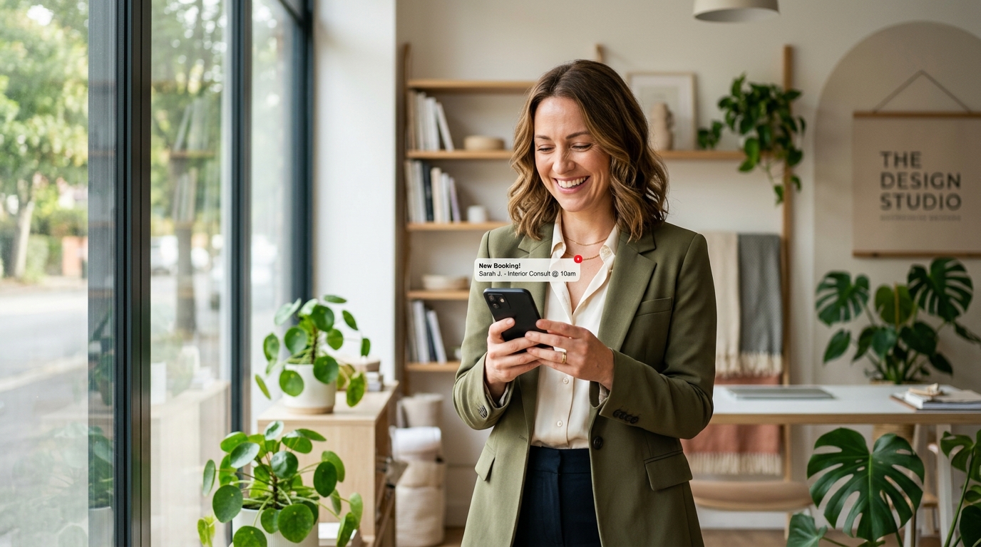 Female small business owner smiling at smartphone in modern studio