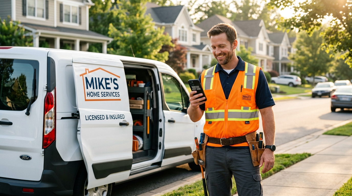 American contractor using Hexa Business App on smartphone outside service van